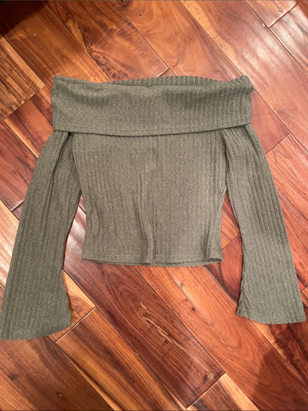 Cider Olive Off-the-Shoulder Ribbed Knit Sweater